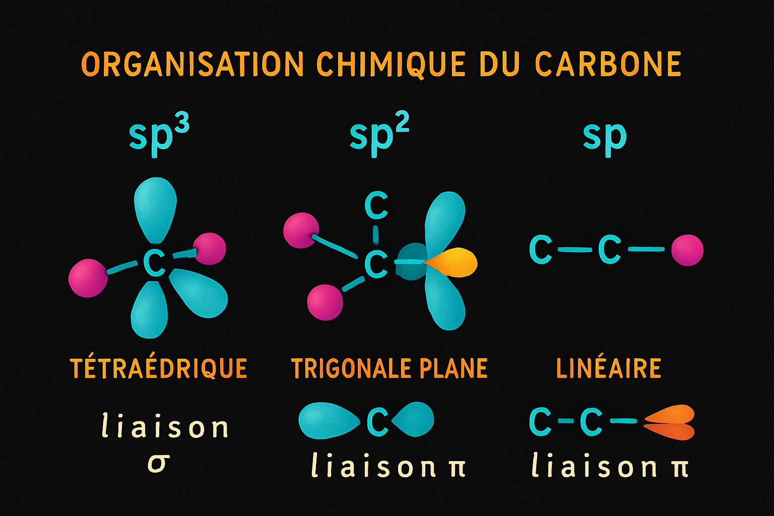 Organisation chimique du carbone : hybridations et types de liaisons